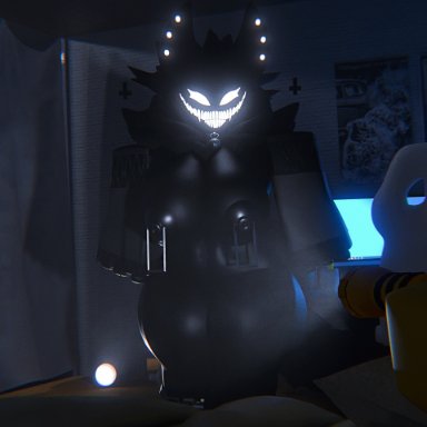 roblox, backrooms creature, karelia (acerattman), robloxian, smiler (the backrooms), nearlyepoint, 1male, bed, bedroom, blanket, breasts, computer, ears up, female, female only