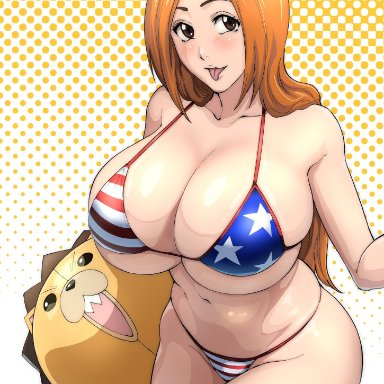 bleach, inoue orihime, kon, kon (bleach), iwao178, 1girls, american flag bikini, bikini, breasts, cleavage, female, huge breasts, large breasts, long hair, orange hair