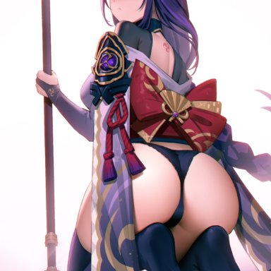 genshin impact, raiden shogun, 95---, :/, armor, ass, back tattoo, black panties, black thighhighs, blush, braid, braided ponytail, breasts, bridal gauntlets, closed mouth