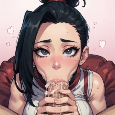 my hero academia, momo yaoyorozu, pixai, whisperinggale, :&gt;=, 1girls, blowjob, cum, cum in mouth, cum inside, heart, looking at viewer, pov, sweat, sweatdrop