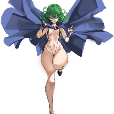 one-punch man, teen titans, raven (cosplay), tatsumaki, rakeemspoon, 1girls, ass, ass focus, cape, cosplay, covered nipples, green eyes, green hair, hips, multiple views