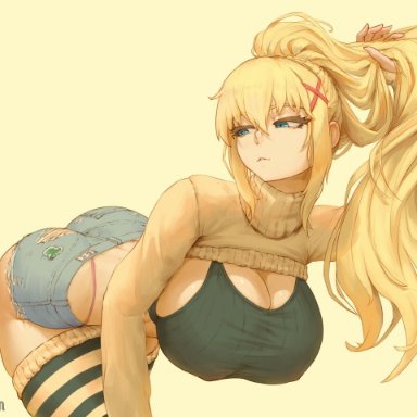 darkness (konosuba), noaqin, 1girls, ass, bent over, big ass, big breasts, black bra, blonde hair, blue eyes, blue shorts, booty shorts, bottomwear, bra, breasts