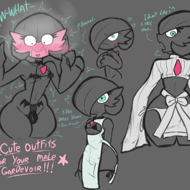 pokemon, gardevoir, male gardevoir, pok&#233;mon (species), just coffee, big ass, bikini top, embarrassed, femboy, thick thighs, thin waist, dialogue, tagme