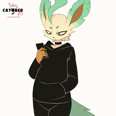 nintendo, pokemon, eeveelution, generation 4 pokemon, leafeon, pokemon (species), feliscede, 5 fingers, anthro, assisted exposure, barely visible genitalia, barely visible pussy, bedroom eyes, black bottomwear, black clothing