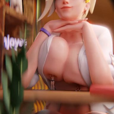 overwatch, angela ziegler, mercy, 3girls, amused, big breasts, blonde female, blonde hair, breasts, exercise, exercising, female, female focus, female only, giantess