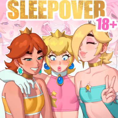 mario (series), prince apricot, prince darcy, prince ronaldo, princess daisy, princess peach, princess rosalina, rizdraws, 3boys, arm around shoulder, bandeau, blonde hair, blue eyes, blush, closed eyes