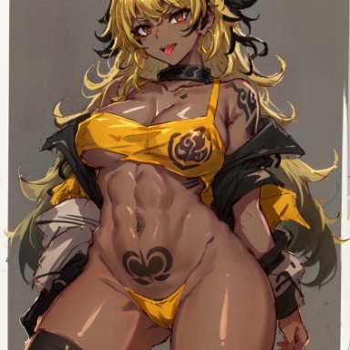 rwby, yang xiao long, alexandhotdogai, stable diffusion, african female, alternate body type, alternate breast size, alternate costume, alternate hair color, blonde hair, choker, cleavage, covered breasts, covered nipples, crop top