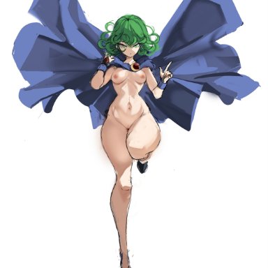 one-punch man, teen titans, raven (cosplay), tatsumaki, rakeemspoon, 1girls, cape, cosplay, green eyes, green hair, hips, multiple views, nipples, nude, pussy