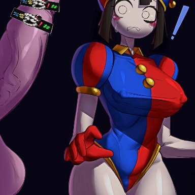 the amazing digital circus, pomni, artist request, !, big breasts, big penis, big thighs, brown hair, erect nipples, female, gloves, jester, jester cap, jester costume, jester girl