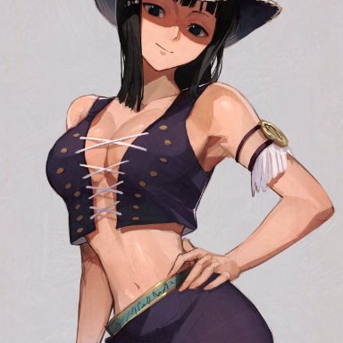 one piece, shounen jump, miss all sunday, nico robin, sooon, 1girls, armband, black hair, cleavage, corset, cowboy hat, cowgirl, crop top, female, female only