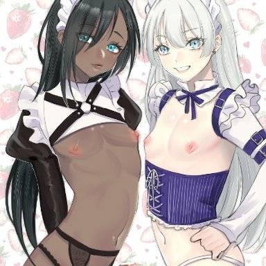 original, trap, cutiendirty, 2boys, aqua eyes, arched back, arms behind back, blush, corset, cowboy shot, crossdressing, dark skin, dark-skinned femboy, dark-skinned male, duo