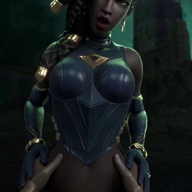 league of legends, riot games, senna (league of legends), arawaraw, cinderdryadva, lerico213, 1boy, 1girls, aroused, audible, big breasts, big penis, black hair, bouncing breasts, clothed