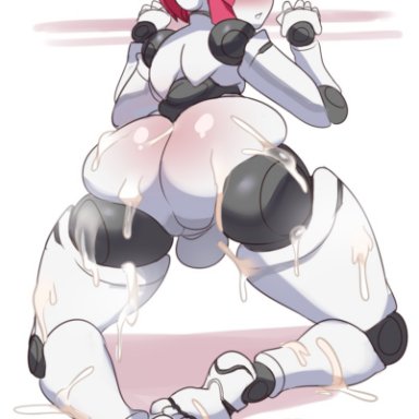 robot neoanthropinae polynian, shamrock (polynian), lightsource, 1boy, 1femboy, android, ass, balls, cum on ass, femboy, hair over eyes, pink hair, robot, tagme