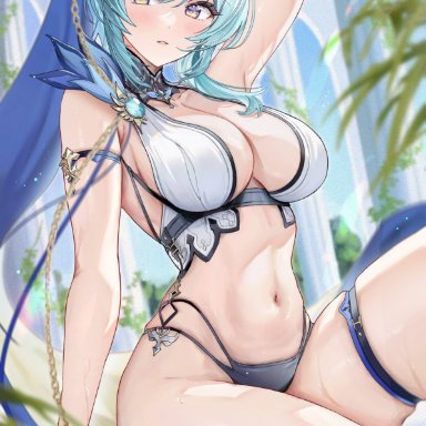 genshin impact, eula (genshin impact), armpits, blush, chains, collar, large breasts, navel, one arm up, swimming pool, swimsuit, thigh strap, thighs, wet body, wet skin