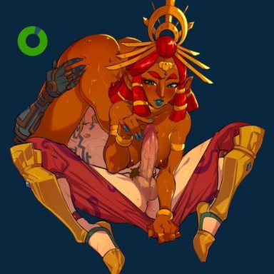 the legend of zelda, gerudo, link, riju, kukumomo, 1boy, 69, anus, armlet, ass grab, backsack, blue hair, blue lips, blush, bracelet