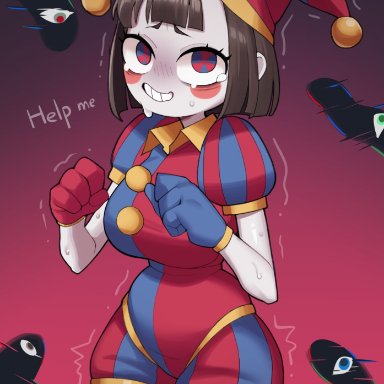 the amazing digital circus, kaufmo (abstracted), pomni, awan raccoon, big thighs, blush, brown hair, eyes, female, gloves, jester, jester cap, jester costume, jester girl, jester hat
