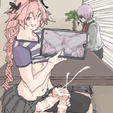 fate (series), fate/grand order, astolfo (fate), fujimaru ritsuka (male), mash kyrielight, amanda kenny, 1girls, 2boys, black bow, bow, braid, cum, cum in pussy, ejaculation, fangs