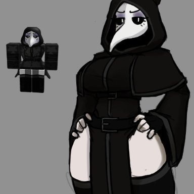 roblox, original character, plague doctor, belt, breasts, dress, female, gloves, hand on hip, hood, long sleeves, plague doctor mask, stockings, thick thighs, wide hips