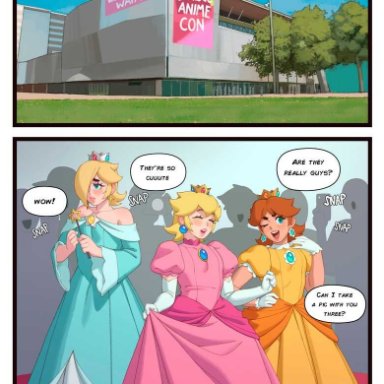 mario (series), prince apricot, prince darcy, prince ronaldo, princess daisy, princess peach, princess rosalina, rizdraws, 3boys, arm around shoulder, bandeau, blonde hair, blue eyes, blush, closed eyes