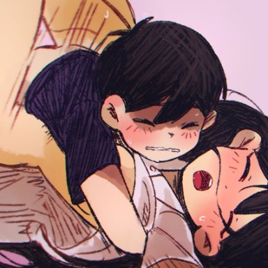 omori, mari (omori), sunny (omori), kokomi (aniesuakkaman), 1boy, age difference, black hair, black shirt, blush, bottomless, breasts, brother and sister, closed eyes, collared shirt, ear blush