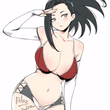 my hero academia, momo yaoyorozu, yaoyorozu momo, relaxjon, armwear, bikini, black eyes, black hair, female only, large breasts, ponytail, solo female, solo focus