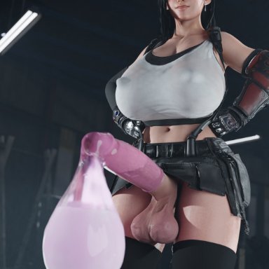 final fantasy, final fantasy vii, tifa lockhart, milkygirls, 1futa, balls, big breasts, big penis, black hair, breasts, condom, condom on penis, erect penis, erection, exposed penis