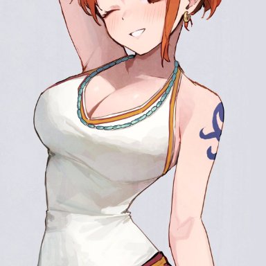 one piece, shounen jump, nami, sooon, 1girls, arm up, big breasts, blush, brown eyes, cleavage, cowboy shot, earrings, female, female only, fully clothed