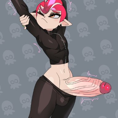 nintendo, splatoon, splatoon (series), splatoon 2, splatoon 2: octo expansion, agent 8 (splatoon), octoling, octoling boy, captain kirb, 1boy, 1male, background, ball bulge, balls, big balls