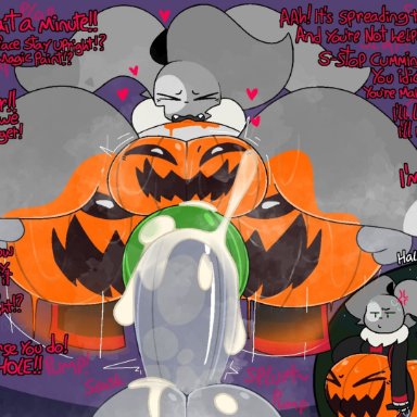 halloween, anon, orio (nonbinary bunny), nonbinary bunny, ..., 2boys, all fours, anal, anal sex, anger vein, angry, anthro, anus, ass, ass expansion