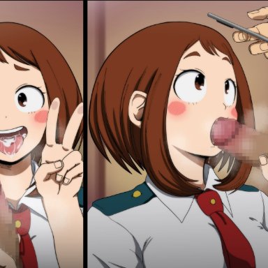 boku no hero academia, my hero academia, ochako uraraka, uraraka ochako, 1girls, blush stickers, breasts, brown eyes, brown hair, code null, cum, cum in mouth, fellatio, happy, necktie