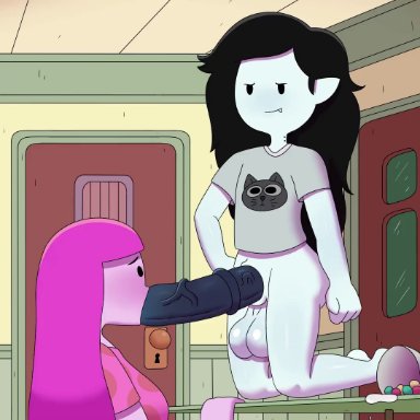 adventure time, cartoon network, marceline, princess bubblegum, nirstormlord, 1futa, 1girls, animal genitalia, balls, big penis, blowjob, bottomless, breasts, clothed, clothing