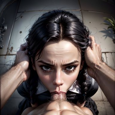 the addams family, wednesday addams, stable diffusion, 1girls, angry, angry face, black hair, blowjob, braided hair, braided twintails, cute, deepthroat, dress, eye contact, fellatio