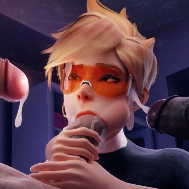 blizzard entertainment, overwatch, overwatch 2, tracer, moonroomoom, blonde hair, blowjob, cum, foursome, glasses, group, straight, 3d, 3d (artwork)