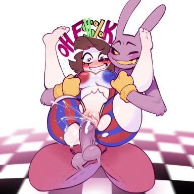 the amazing digital circus, jax (the amazing digital circus), pomni, artist request, anthro, blush, brown hair, bunny, bunny ears, cum, cum in pussy, cum inside, female, gloves, holding legs