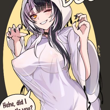 halloween, hololive, hololive english, hololive english -advent-, shiori novella, coubalty, 1girls, big breasts, black hair, black nails, choker, erect nipples, erect nipples under clothes, female, ghost costume