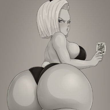 dragon ball z, android 18, rocner, big ass, bunny ears, from behind, presenting, monochrome