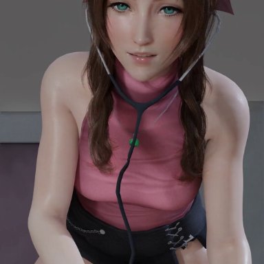 final fantasy, final fantasy vii, final fantasy vii remake, aerith gainsborough, lazyprocrastinator, 1boy, brown hair, cowgirl position, female, light-skinned female, light-skinned male, long hair, looking at viewer, male, male pov