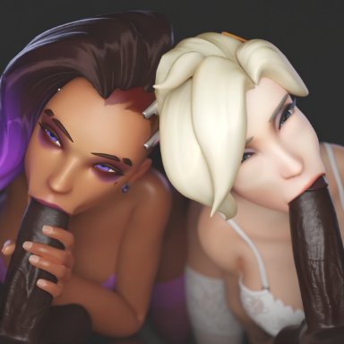 blizzard entertainment, overwatch, mercy, sombra, smitty34, 2girls, asymmetrical hair, big breasts, big penis, blonde hair, blowjob, blowjob face, breasts, chocolate and vanilla, dark skin