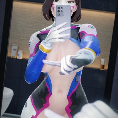 overwatch, d.va, hana song, aphy3d, 1girls, alternate hairstyle, asian, asian female, bathroom, cellphone, gloves, hiding pussy, holding phone, mirror, mirror selfie