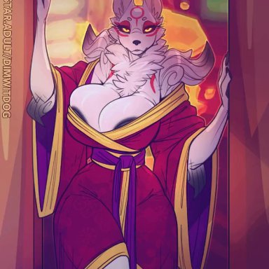 okami, okami (capcom), amaterasu, dimwitdog, 1boy1girl, anthro, anthro on human, areolae, bedroom eyes, big breasts, blurred, breast play, breasts, deity, female