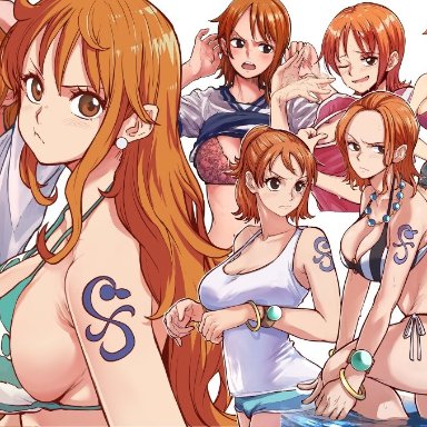 one piece, one piece film strong world, nami, aosora5088, 1girls, angry face, annoyed expression, bikini, crop top, crop top overhang, crop-top, crying, dual persona, large breasts, lifting shirt
