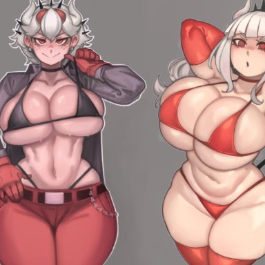 helltaker, beelzebub (helltaker), lucifer (helltaker), gonzalo costa, kelvin hiu, 2demons, 2girls, alternate breast size, bikini, breasts, demon, demon girl, demon horns, demon humanoid, demon tail