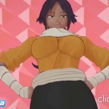 bleach, ppppu, shihouin yoruichi, anonbluna, 1boy, 1girls, amazon position, athletic, athletic female, big breasts, blush, bubble ass, bubble butt, clothing, cowgirl position