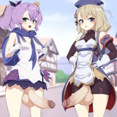 azur lane, javelin (azur lane), z23 (azur lane), nnilaee, 2futas, balls, big balls, big penis, blonde hair, blue eyes, bottomless, breasts, clothed, clothing, duo