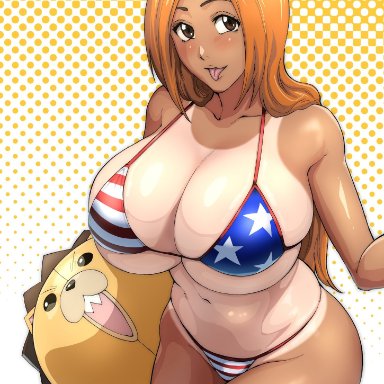 bleach, inoue orihime, kon, kon (bleach), iwao178, 1girls, american flag bikini, bikini, breasts, cleavage, female, huge breasts, large breasts, long hair, orange hair