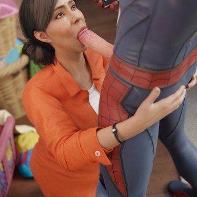 marvel, marvel comics, spider-man (series), spider-man 2 (ps5), peter parker, rio morales, rio morales (playstation), spider-man, batesz, 1boy, 1girls, blowjob, breasts, female, kneeling