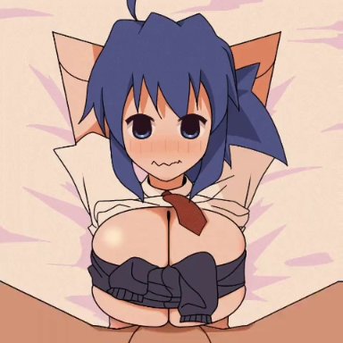 original, ode-chan (odecchi), hakayu, 1boy, 1girls, bed, bed sheet, bedroom, bedroom sex, between breasts, blue eyes, blue hair, blush, breasts, breasts out