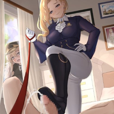 azur lane, bismarck (azur lane), bismarck zwei (azur lane), hood (azur lane), yunareas, 1boy, 2girls, ascot, bed, bedroom, black cape, black footwear, blonde hair, blue eyes, blue headwear