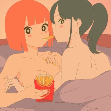 mcdonald's, yoru mac, r3dfive, 2girls, adult, age difference, bed, black hair, blanket, blush stickers, bob cut, breasts, caught, caught in the act, cheating