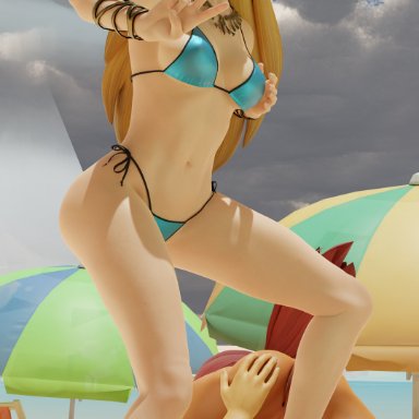 breath of the wild, nintendo, the legend of zelda, link, link (breath of the wild), princess zelda, urbosa, zelda (breath of the wild), lazycrpie, 1boy, 1futa, 1girls, 2girls, bigger dom, bikini